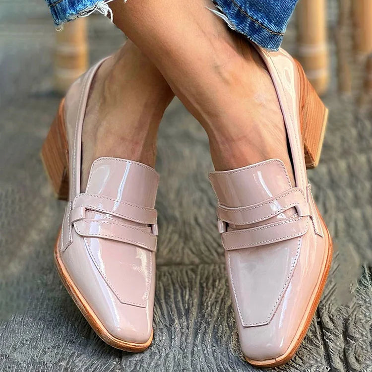 SHINY LOAFERS WITH WIDE HEEL