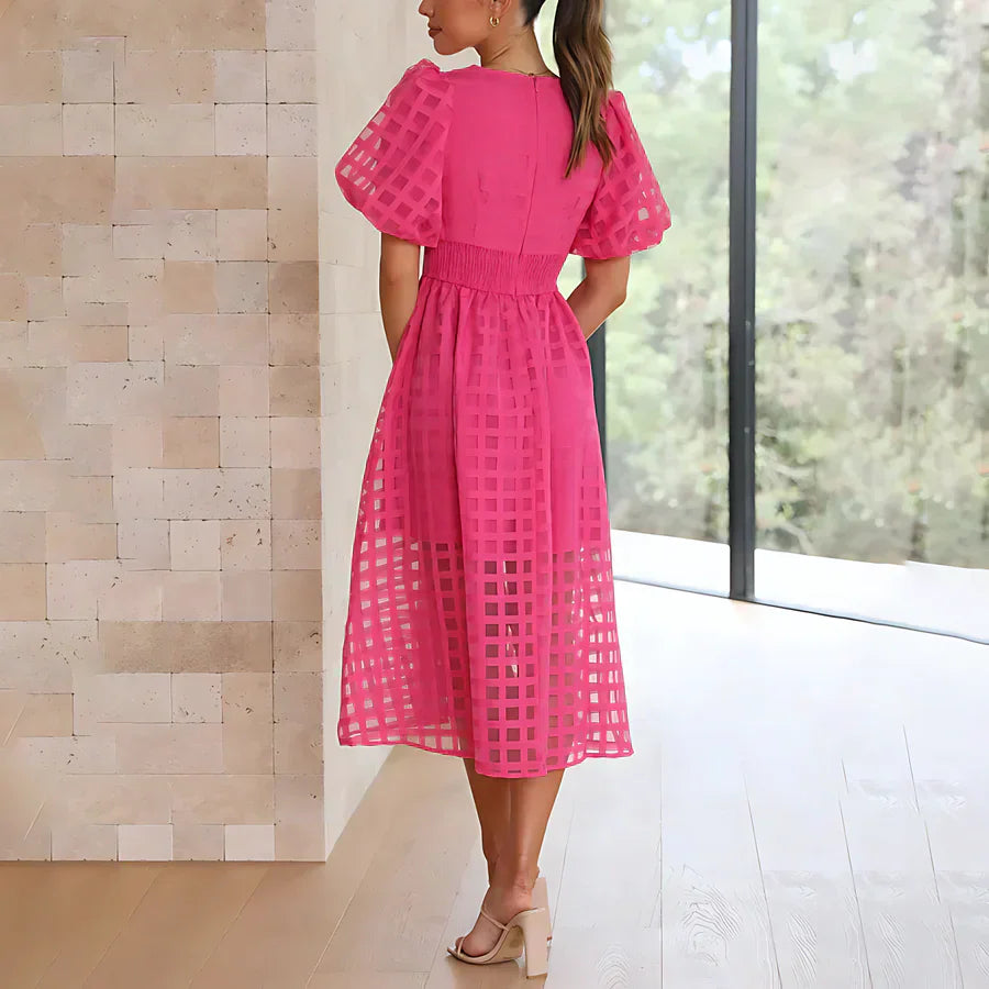 Cindy - Classic Patterned Puff Sleeve Midi Dress