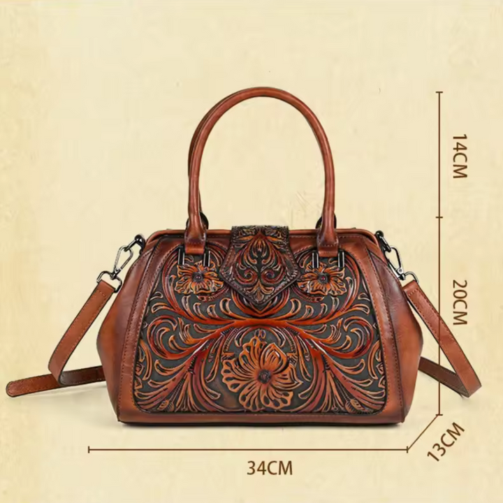 Florina - Leather Handbag with Engraving and Floral Pattern