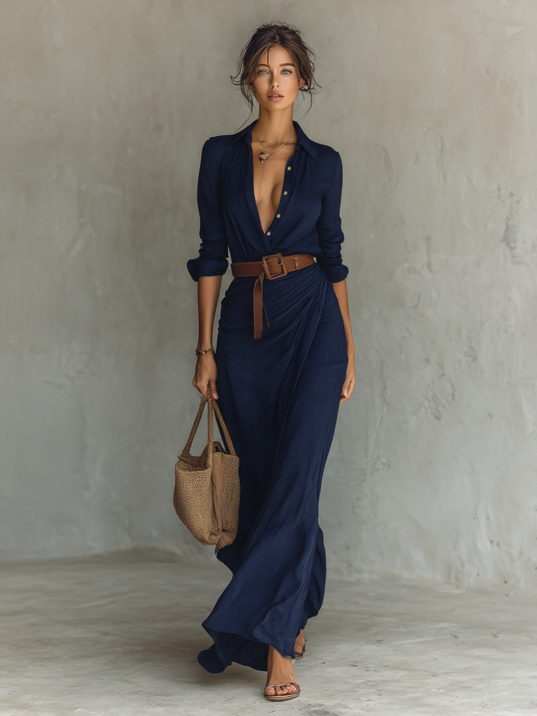 Lindsey - Long Maxi Dress with Notched Collar and Included Belt