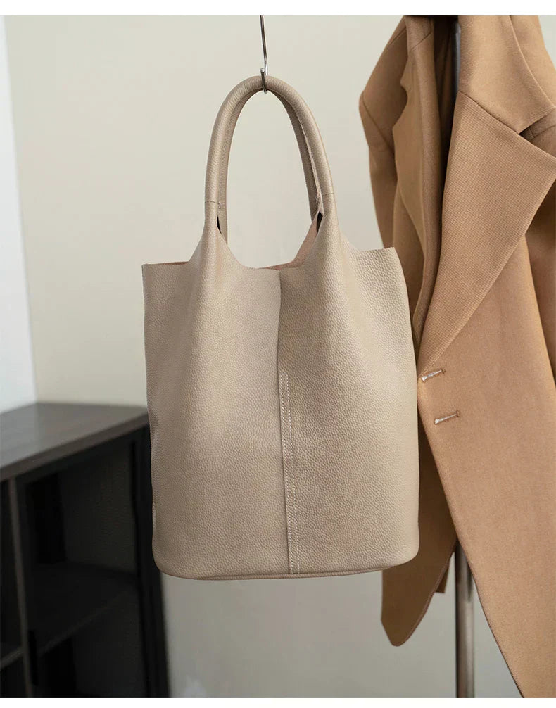 Light blue bucket bag with a luxurious leather look