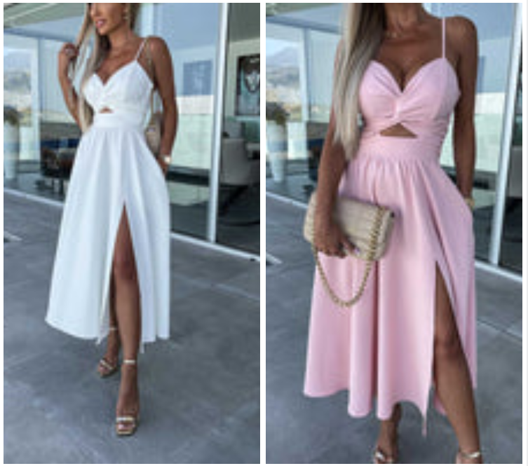 Vanette - Elegant Strappy Front Slit Midi Dress