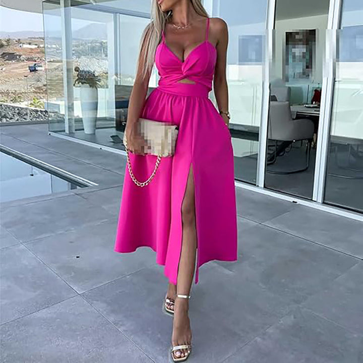 Vanette - Elegant Strappy Front Slit Midi Dress