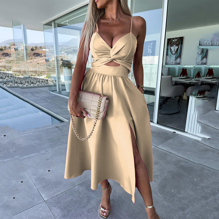 Vanette - Elegant Strappy Front Slit Midi Dress